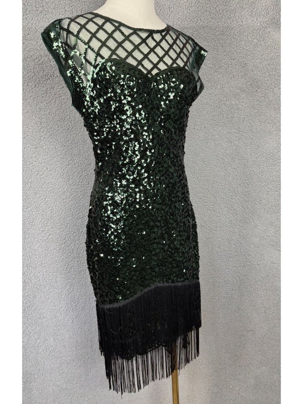 Green Sequin Fringe Flapper Dress Mesh Neckline 1920s Style Dress Small NWOT's - Picture 3 of 8